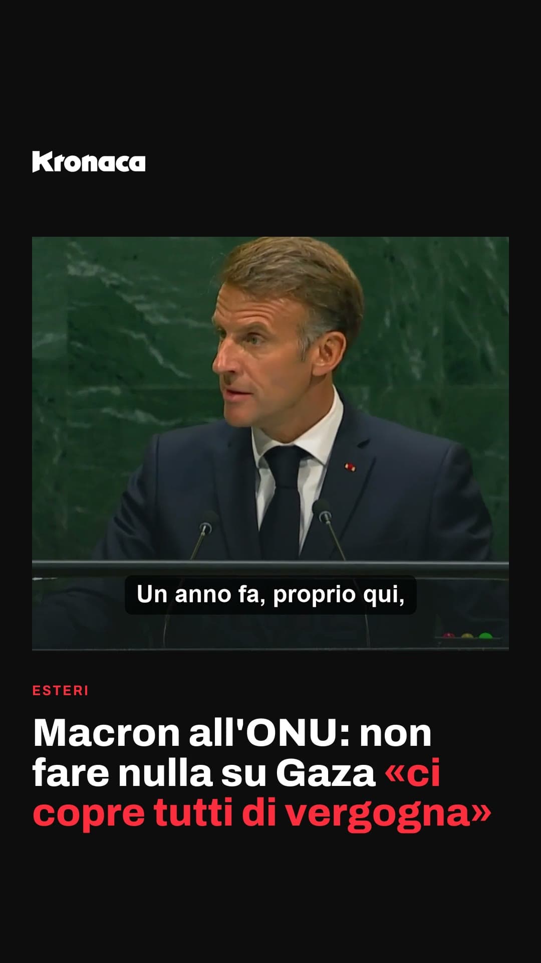 Macron all'ONU: non fare nulla su Gaza «ci copre tutti di vergogna»
