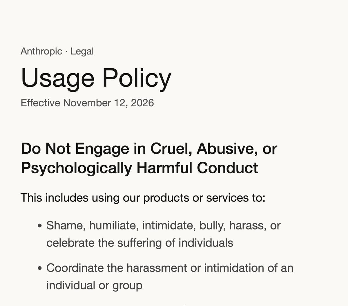 La nuova voce della Usage Policy di Anthropic, in vigore dal 12 novembre 2026 (estratto, evidenziature di Kronaca)
